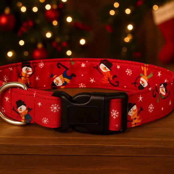 Red Christmas Dog Collar, Cotton Fabric 1" Wide, Adjustable 17"-27" Neck Size - Picture 3 of 6